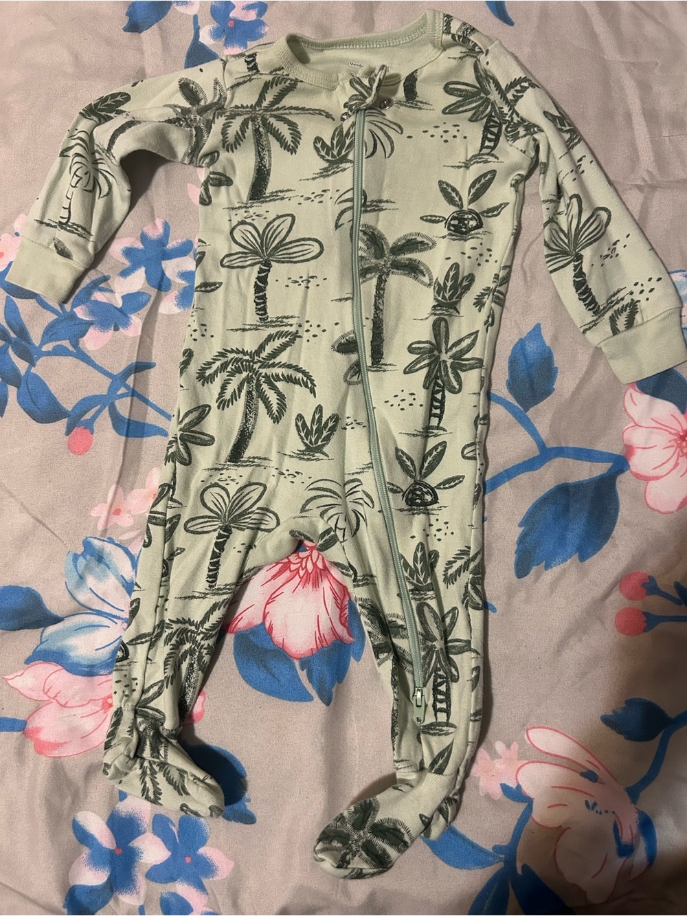 Green Palm-Print Footed Baby One-Piece